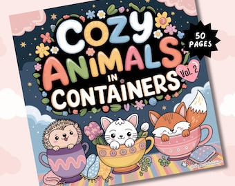 Libro da colorare "Animali accoglienti in contenitori" Vol. 2 PDF, pagine da colorare audaci e facili per bambini, download digitale del libro da colorare, download immediato