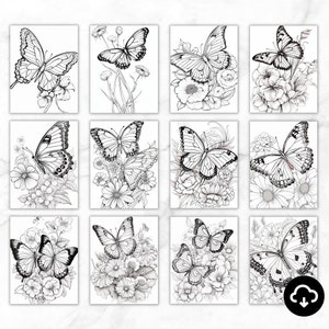 May include: A set of 12 printable colouring pages featuring intricate black and white illustrations of butterflies and flowers. Each page showcases a unique butterfly design with delicate floral details.