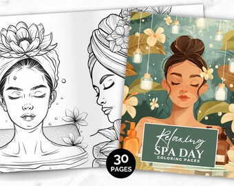 May include: A colouring book with 30 pages featuring illustrations of people relaxing at a spa. The cover features a woman with her eyes closed, surrounded by flowers and jars of essential oils. The text on the cover reads "Relaxing Spa Day Colouring Pages".