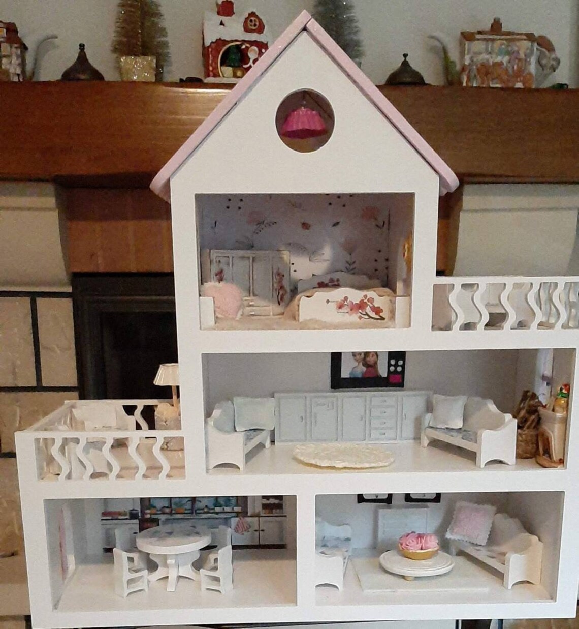 Wooden Unfinished Dollhouse With Furnitures Tiny Wood Etsy