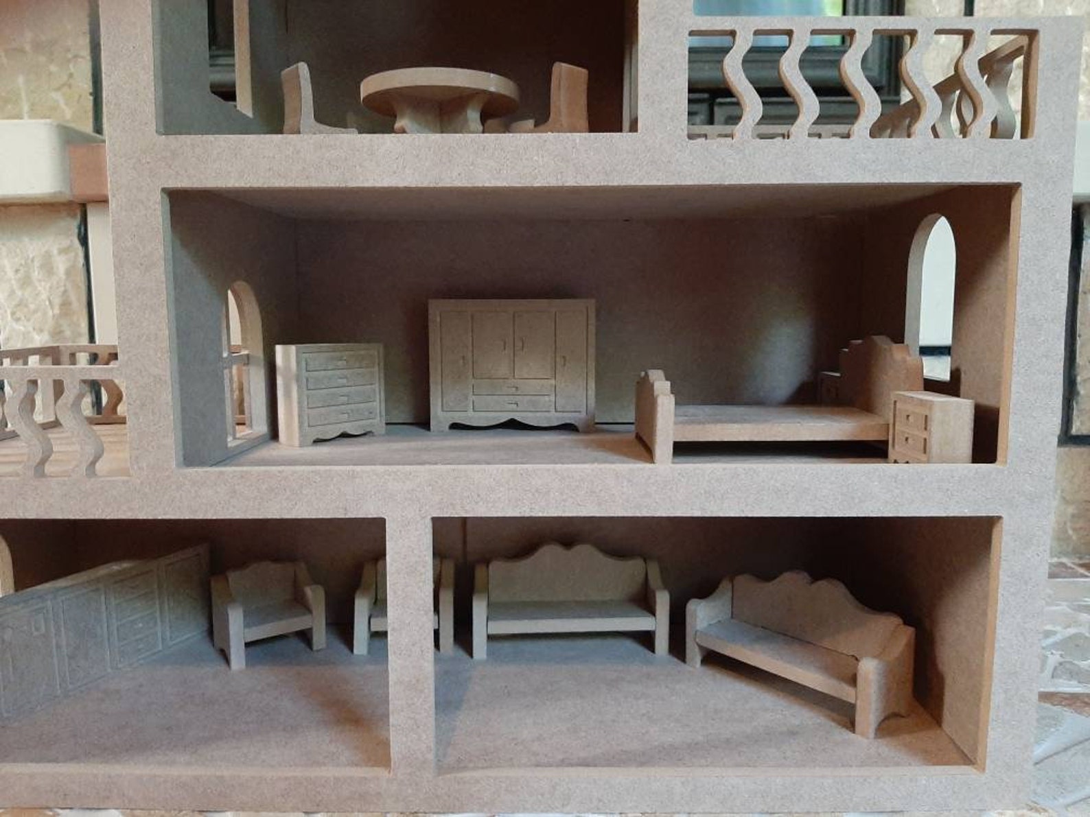 Wooden Unfinished Dollhouse With Furnitures Tiny Wood Etsy