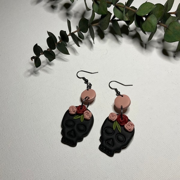 Black Sugar Skull With Roses Drop Earrings