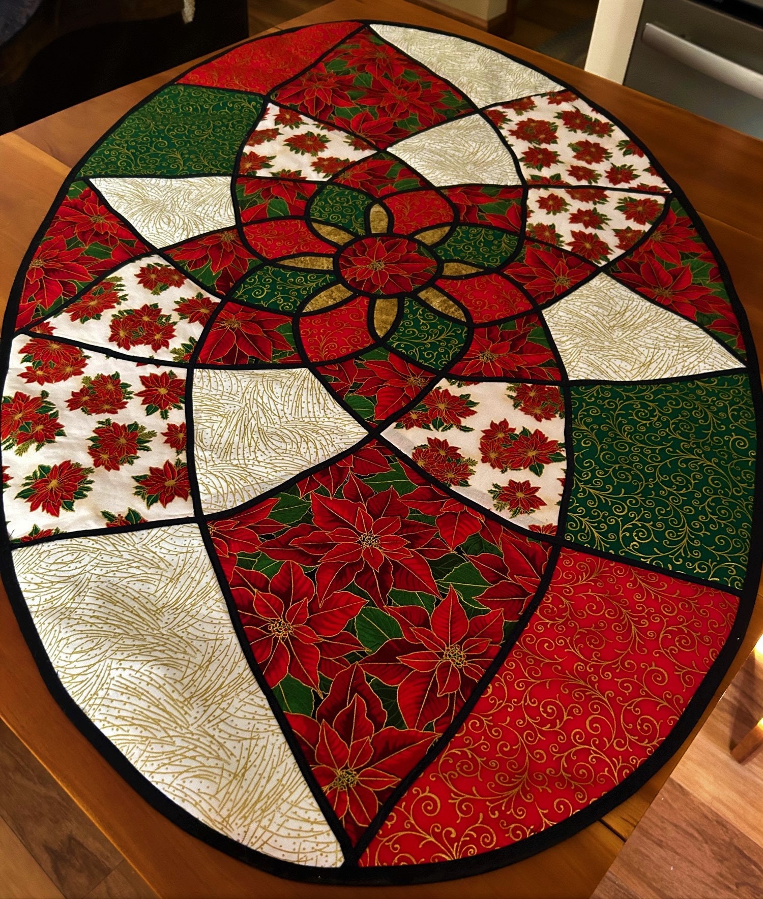 Stained Glass Christmas Table Runner, Dresser Scarf, Quilted Table