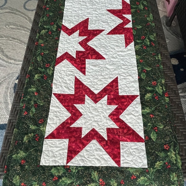 Star Design Christmas Table Runner, Holly Table Runner, Dresser Scarf, Quilted Table Runner, Coffee Table Topper, Holiday Table Runner