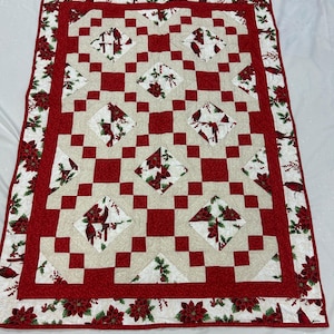 Irish Chain Pattern Quilted Cardinal and Poinsettia Throw, Irish Chain Christmas Quilt, Wheelchair Blanket