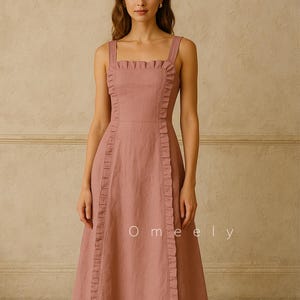 Ruffled Linen Dress With Pockets Bridemaid Dress Custom Cocktail Dress Linen Strap Dress Sleeveless Vintage Dress Wedding Dress Gift For Her