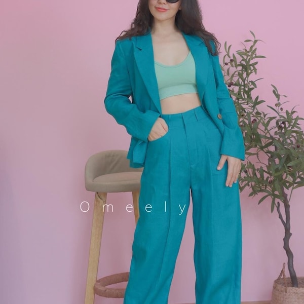 Linen Baggy Pants Linen Blazer Women Linen Pants For Women Linen Suit Two Piece Set Vintage Blazer Christmas Gift Summer Pants Gift For Her