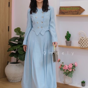 Tailor Tweed Jacket Women Vintage Jacket Sky blue Tweed Blazer And Skirt Set Two Piece Set Tweed Blazer Women Handmade Clothing Tweed Skirt
