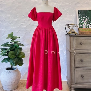 Custom Linen Dress Bridemaid Dress Women Puff Sleeves Linen Dress With Pockets Short Sleeves Dress Prom Dress Wedding Guest Dress Gifts