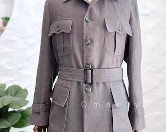 Fall Linen Safari Jacket Unisex Gray Jacket Men With Belt Fall Linen Jacket Men Handmade Linen Blazer Men Linen Coat Men Gifts For Him