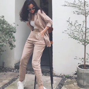 Linen Suit Linen Two Piece Set Peach Brown Linen Blazer Women Blazer Linen Jacket Vintage Blazer handmade gift Custom Suit Minimalist