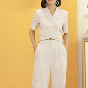Linen Cropped Blazer Handmade Linen Blazer Linen Two Piece Set Linen Blazer Sand White Blazer Linen Summer Blazer Sustainable Woman Blazer