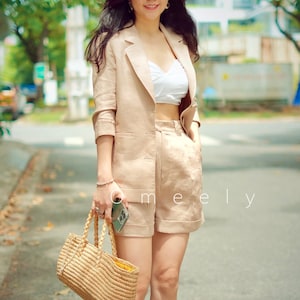 High Waisted Linen Shorts Linen Two Piece Set Linen Blazer And Shorts Set Women Linen Suit Women Linen Jacket Women Pleated Shorts Gifts