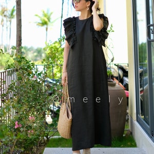 Loose Linen Dress Summer Dress Black Oversized Dress Custom Dress Sleeveless Linen Dress Hanging Dress Ruffle Sleeve Dress Handmade gifts
