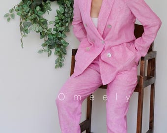 Blazer de lino para mujer, pantalones de lino para mujer, traje de lino de dos piezas, blazer cruzado vintage, regalos de graduación, chaqueta de lino, regalos para ella.