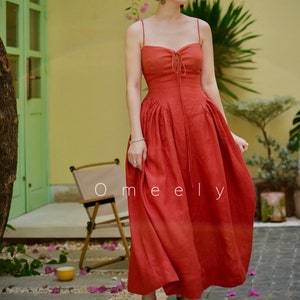 Red Linen Dress Scarlet Vintage Dress Minimalist Vacation Dress Fit And Flare Dress Gifts For Her 1950s Dress Wedding Guest Dress Flax Dress