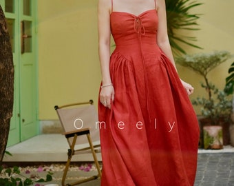 Red Linen Dress Scarlet Vintage Dress Minimalist Vacation Dress Fit And Flare Dress Gifts For Her 1950s Dress Wedding Guest Dress Flax Dress