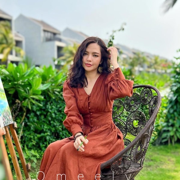 Vestido de lino de manga larga con bolsillos, cuello en V, elegante, para fiesta de graduación, regalo personalizado, Bridgerton, vestido de novia.