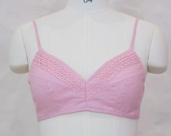 Linen Lace Bralette Pastel Pink, Embroidered V Neck Crop Top, Adjustable Strap Boho Bra, Sustainable Lingerie Gift For Her, Summer Top