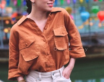 Linen Shirt Classic Loose Shirt With Pockets Oversized Shirt Linen Blouse Looser Linen Top Vintage Shirt Brown Linen Shirt Custom Shirt