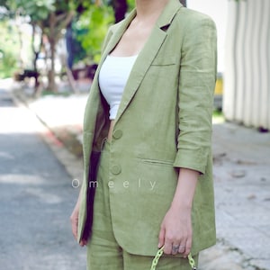 Linen Suit Linen Two Piece Set Linen Blazer Women Olive Green Blazer Linen Jacket Linen Vintage Blazer Summer Blazer Sustainable Fashion
