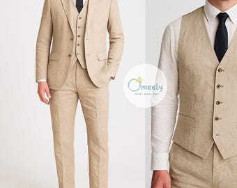 Traje de lino hecho a mano para hombre, chaleco de lino para hombre, chaqueta de lino a medida para hombre, traje de boda de lino para hombre, blazer de lino para hombre, pantalones de lino para padrinos de boda, regalos para él.