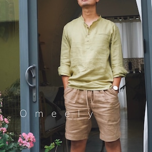 Band Collar Linen Shirt Men Minimalist Shirt Relaxing Shirt Olive Shirt Summer Shirt With Pockets Custom Shirt Linen Shorts Men Shorts
