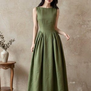Vestido largo de lino con escote barco, vestido largo de lino para mujer, vestido cottagecore con espalda descubierta, vestido de fiesta sin mangas, corte ajustado y falda acampanada, atuendo para invitada de boda de verano