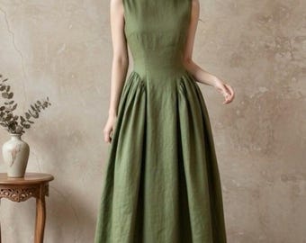 Boat Neck Linen Dress Linen Maxi Dress For Women Open Back Cottagecore Dress Sleeveless Fit And Flare Prom Gown Summer Wedding Guest Attire