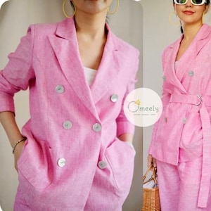 Fitted Linen Blazer Women Fuchsia Linen Suit Linen Jacket Women Linen Two Piece Set Handmade Linen Coat Vintage Double Breasted Blazer Gifts