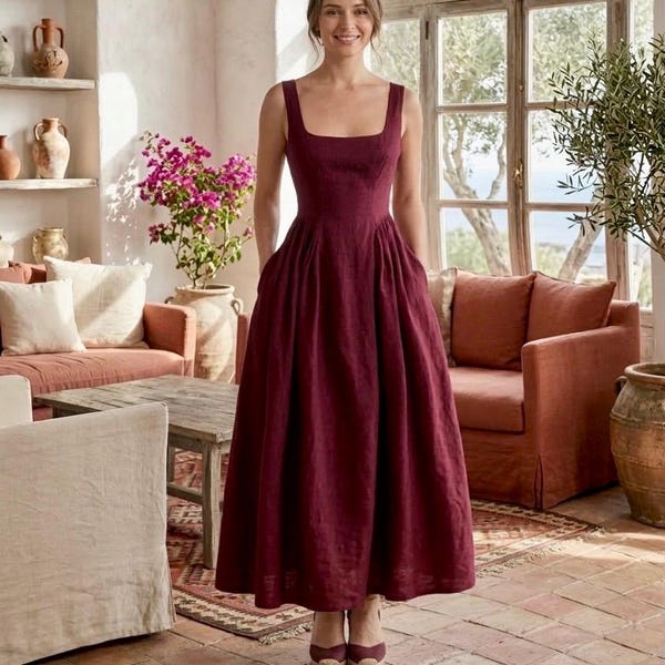 Burgundy Linen Midi Dress With Pockets Renaissance Cottagecore Dress Square Neck Summer Sundress Fit And Flare A Line Gown Gift For Her