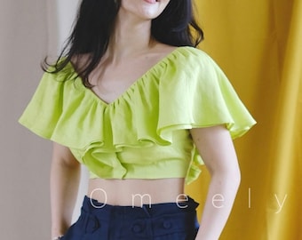 Blusa de lino sin espalda, tops de lino minimalistas para mujer, top de lino con volantes, top corto de verano, tops color lima, top personalizado, regalos de graduación, top corto de verano