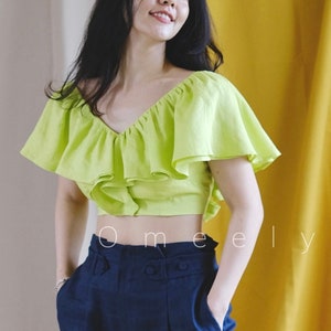 Backless Linen Blouse Minimalist Linen Tops For Women Ruffled Linen Top Summer Crop Top Lime Tops Custom Top Graduation Gifts Summer croptop