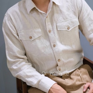 Sand White Linen Shirt Men Long-Sleeved Men&#39;s Linen Clothing Regular Shirt For Men Summer Shirt With Pockets Custom Shirt Linen Pants Men