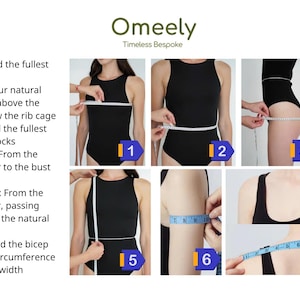 May include: An instructional infographic titled Omeely Timeless Bespoke featuring eight numbered diagrams demonstrating body measurement techniques for clothing, including bust, waist, hips, shoulder to bust, shoulder to waist, bicep, armhole, and shoulder width.