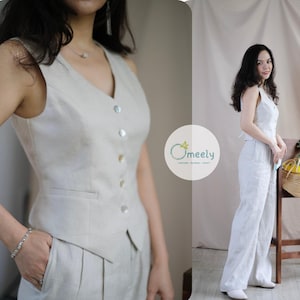 Haut en lin gilet en lin haut court personnalisé gilet en lin pantalon d&#39;été en lin pour femme pantalon plissé en lin ensemble de lin cadeau 30e anniversaire pour femme