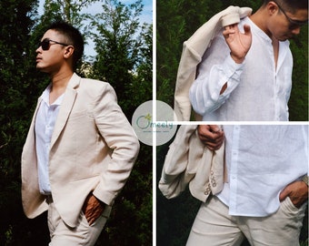 Handmade Linen Pants Linen Set Linen Blazer Men Sand white Blazer Linen Jacket Linen Coat Vintage Blazer Summer Pant Sustainable Custom Suit