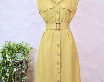 Abito in lino con tasche, abito da damigella d'onore, abito a camicia in lino, abito con revers, abito vintage, abito in lino senza maniche, abito da sposa, regali per lei