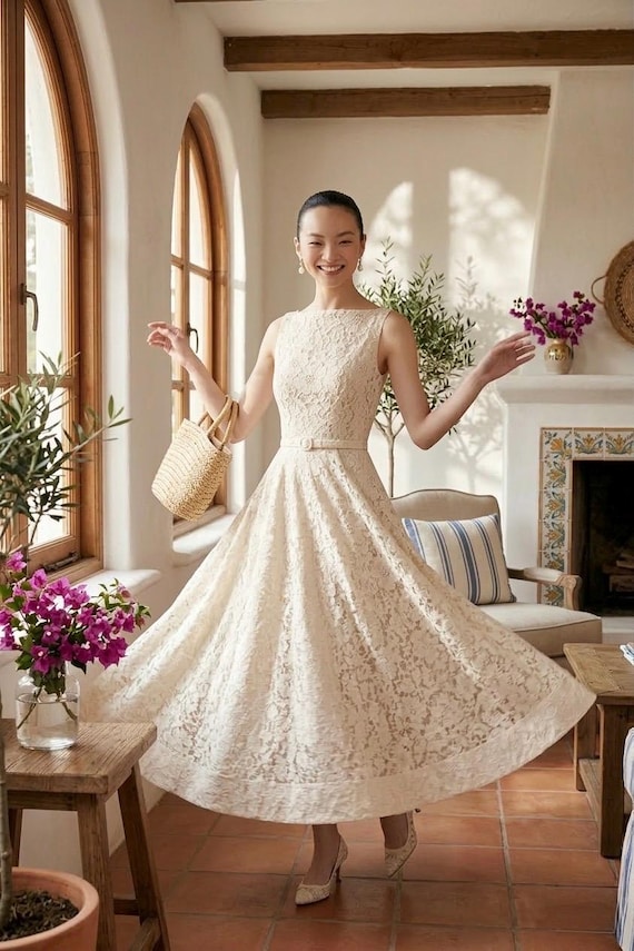 cream lace tea length dress Floral Lace Midi Dress Boat Neck Sleeveless Full Circle Tea Length Gown for Civil Wedding Rehearsal Dinner Audrey Hepburn Style Party Dress
