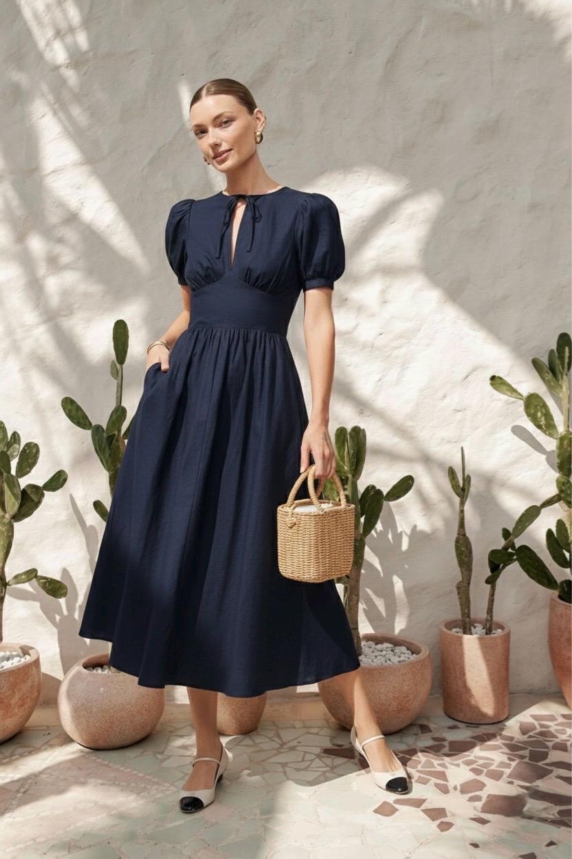 dark blue puff sleeve dress Navy Puff Sleeve Back Bow Mini Dress main image 1