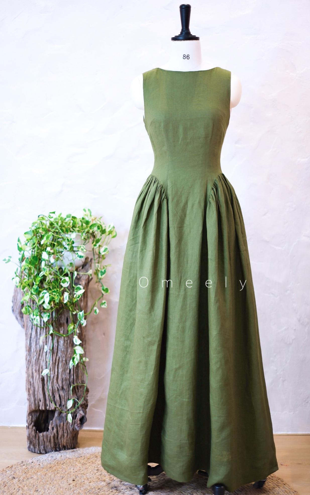 knee length dresses for ladies Navy Linen Midi Dress with Boat Neck – Vintage Fit & Flare French Style Dress main image 1