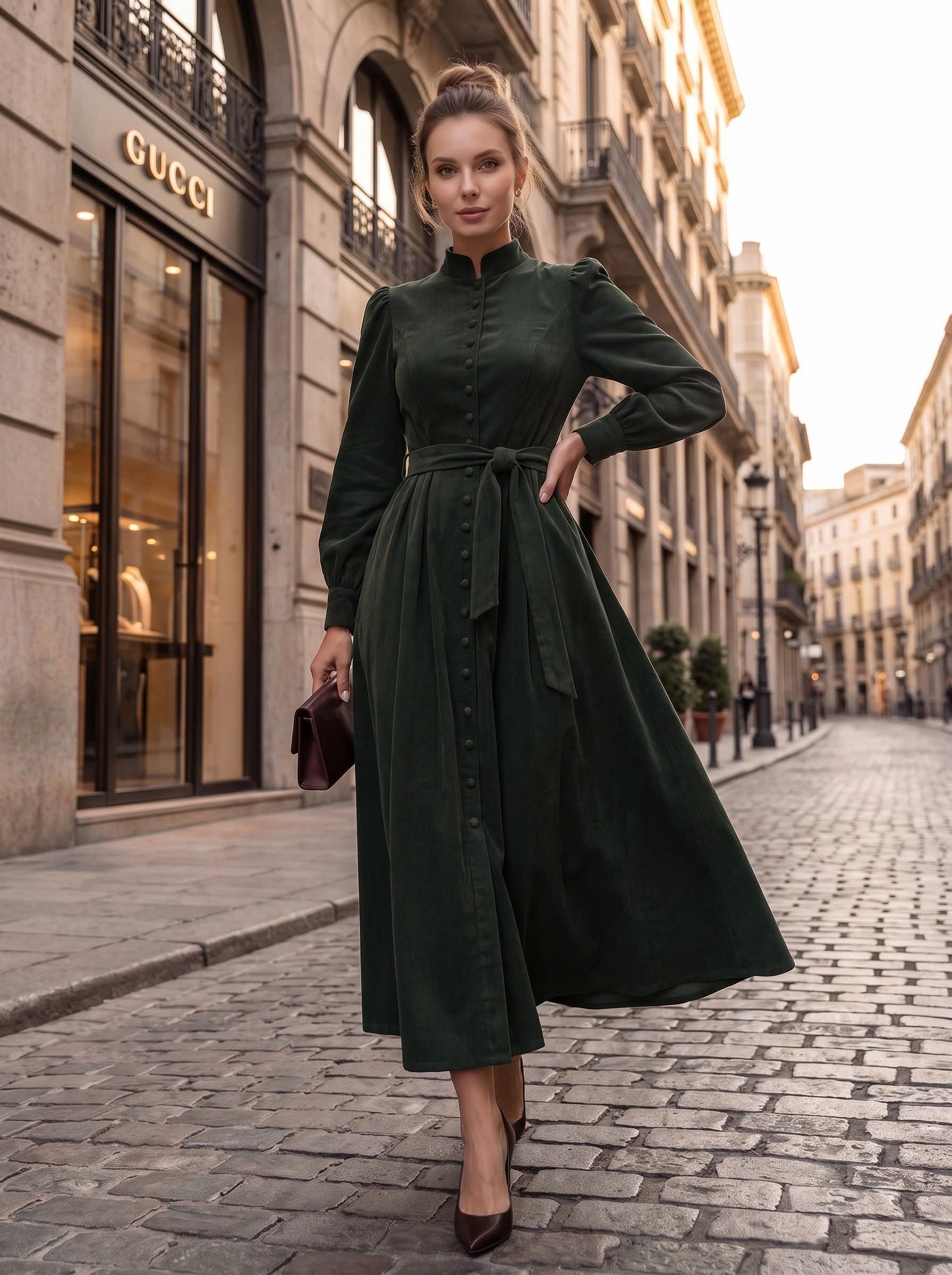 green corduroy dress long sleeve GENDER:Women