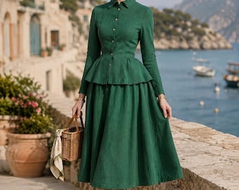 Forest Green Linen Set Peplum Top And Midi Skirt Two Piece Modest Vintage Style Button Down Elegant Fall Outfit French Chic Co Ord