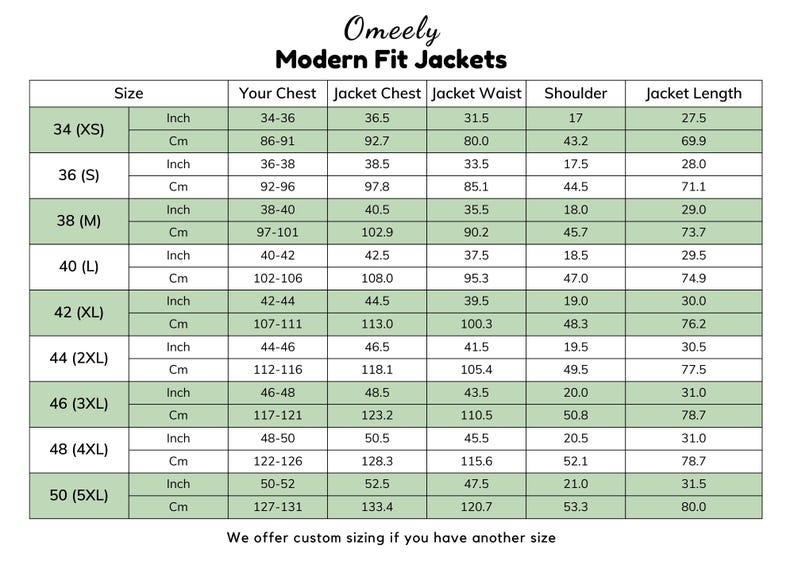 Op de afbeelding: Een maattabel voor Omeely Modern Fit jassen met kolommen voor maat, borstomvang, tailleomvang, schouderbreedte en lengte in inches en centimeters voor de maten 34 XS tot 50 5XL, inclusief een opmerking over de mogelijkheid tot maatwerk.