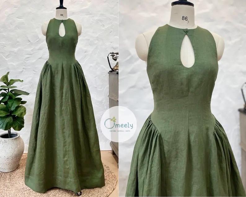 Linen Dress With Pockets Bridemaid Dress Custom Linen Cocktail Dress Keyhole Dress Sleeveless Vintage Dress Wedding Dress Gifts For Her