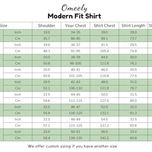 May include: A size chart for an Omeely Modern Fit Shirt featuring a table with columns for size, shoulder, chest, shirt length, and sleeve length in both inches and centimeters for sizes ranging from 34 XS to 50 5XL, with a note about custom sizing.