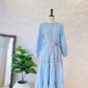 Skye Blue linnen maxi jurk lange mouw jurk strandjurk met zakken linnen jurk aangepaste jurk zomerjurk cadeaus voor haar minimalistisch