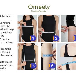 Pu&ograve; includere: Un'infografica didattica intitolata Omeely Timeless Bespoke che presenta otto diagrammi numerati che illustrano le tecniche di misurazione del corpo per l'abbigliamento, tra cui busto, vita, fianchi, spalla-busto, spalla-vita, bicipite, giromanica e larghezza spalle.