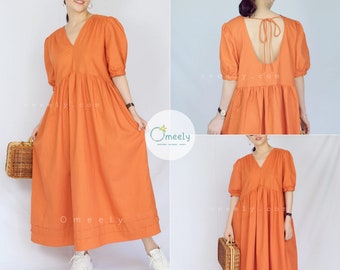 Linen Tunic Babydoll Dress Women Dress V Neck Linen Dress With Pockets Maternity Dress Orange Plus Size Dress Puff Sleeve Dress Custom dress