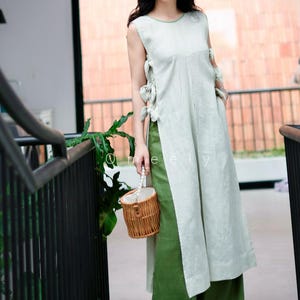 Bow Tie Linen Dress Custom Linen Tunic Sleeveless Linen Dress Linen Pants Loose Vietnamese Ao Dai Tailor Wedding Guest Dress Gifts For Her